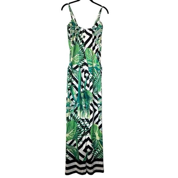Soho Chic Floral Sleeveless Wide Leg Pockets One Piece Green Black Jumpsuit Smal - Picture 4 of 6